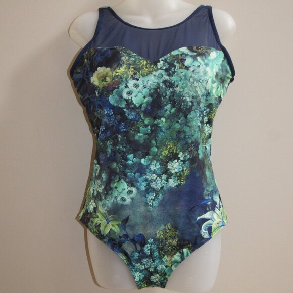 TOGS Blue Green Watercolor Floral One Piece Swim Suit Women's Sz US 10 - Picture 1 of 4